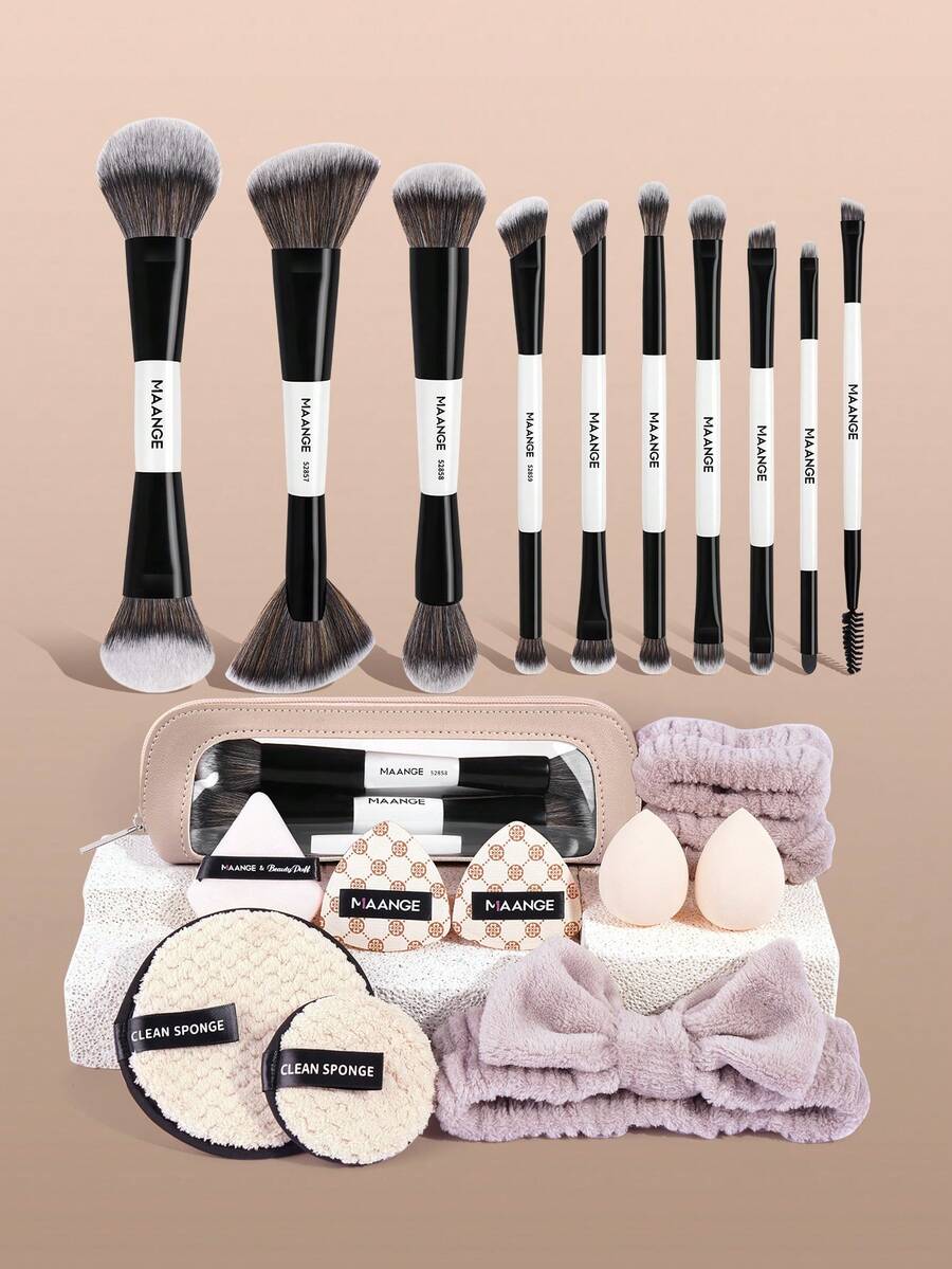 MAANGE Bộ cọ trang điểm chuyên nghiệp hai đầu 10/21 món, kèm 7 bông phấn, 3 băng đô rửa mặt và 1 túi đựng đồ trang điểm. Bộ gồm: cọ nền vát & thuôn, cọ tạo khối, cọ má hồng, cọ phấn phủ, cọ phấn mắt, cọ kẻ mắt, cọ kẻ lông mày, cọ che khuyết điểm, cọ highlight, cọ chi tiết, cọ tán màu. Dụng cụ trang điểm với sợi mềm mại dễ mang theo, bộ sản phẩm lý tưởng cho du lịch, quà tặng cho phụ nữ và bé gái, quà khuyến mãi, bộ cọ trang điểm chuyên nghiệp hoàn chỉnh. - Nhiều màu - Xem 1