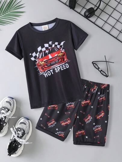 2pcs/Set Toddler Boys' Stylish Race Car Print Crew Neck Short Sleeve Shorts Pajama Set, Comfortable Casual Loungewear, Spring/Summer
