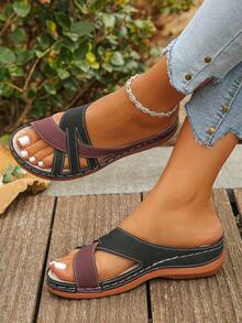 女士新款时尚圆头坡跟厚底凉鞋,舒适轻便露趾设计,酒红色拼接黑色,度假风夏季日常穿着,酒红色拼接黑色厚底凉鞋,沙滩拖鞋,旅行必备 - 酒紅拼黑色 - 查看 5