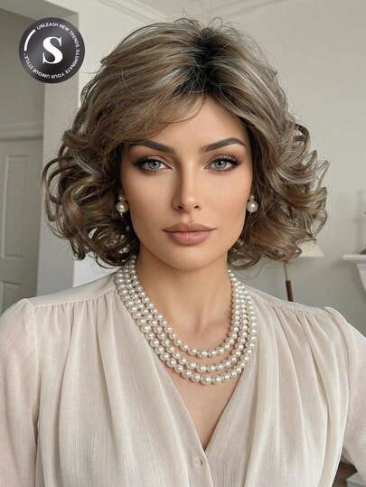 12-Inch Mocha Brown Curly Wig With Side Bangs For Women-Heat Resistant Synthetic Fiber, Wig Accessories, Wigs For Women, Musthave For Beginners, Versatile For Daily & Party &Cosplay&Festival&Music Festival Parties Use, Comfortable To Wear, Gifts For Girlfriends, Beauty Holiday Essentials, Perfect For Daily Holiday Travel Wea, High Quality