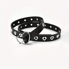 Punk Style PU Belt With Rivet Heart Buckle For Women - Suitable For Casual To Campus Daily Wear, Hip-Hop Fashion Accessory, Not Washable, Fits All Sizes - 黑帶 - 查看 2