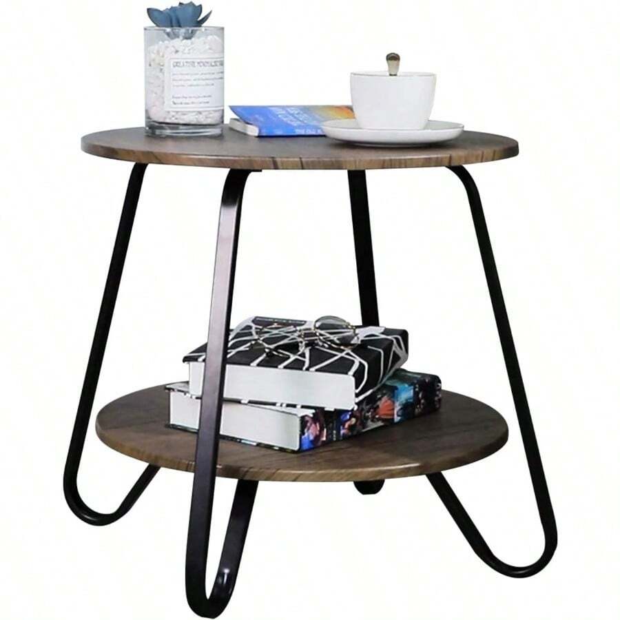 silla de oficinaFurnitureR Mesa Auxiliar Rústica Mesa Auxiliar de Sofá Industrial para Sala de Estar Mesitas de Noche Redondas Pequeñas Mesa de Noche Moderna 46 * 46 * 45 CM Marrón - Marrn y Negro - Ver 1