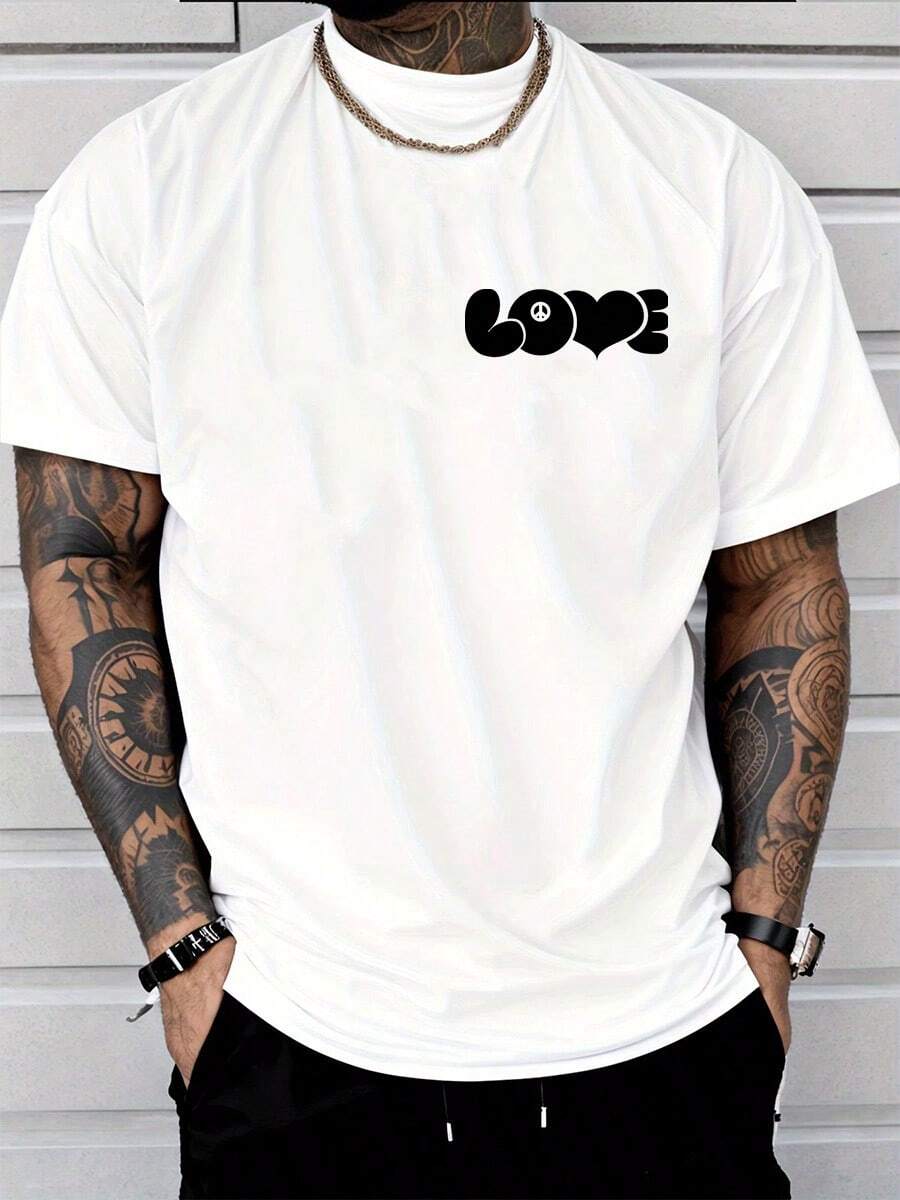 White T-Shirt,Unisex Simple Crew Neck Short-Sleeved Top, Love And Peace (Anti-War Symbol), Short-Sleeved Crew Neck Casual Top, Hoping For Peace, Spreading Love, Printed T-Shirt, Retro T-Shirt. - 白色 - 查看 1