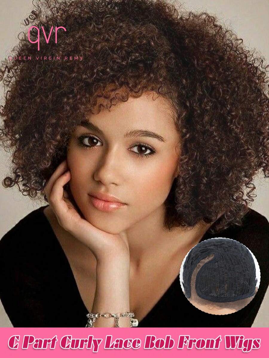 QVR QUEEN VIRGIN REMY QVR 卷曲波波头蕾丝前假发真人发 C 型分缝蓬松卷曲波波头假发透明蕾丝假发 150% 密度 - S4 - 查看 1
