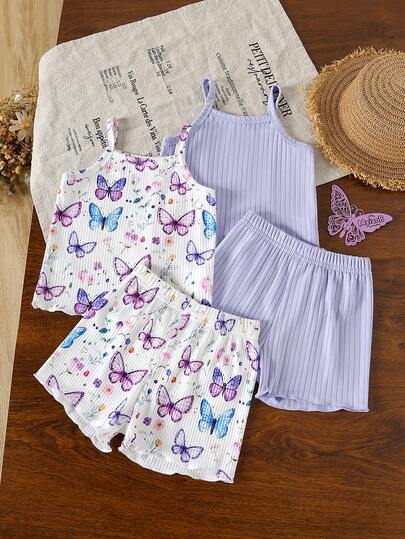 4件套女婴透气背心短裤套装，适合夏季穿着，纯色罗纹和蝴蝶印花吊带背心+纯色和彩色蝴蝶印花短裤套装