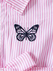 Summer Girls Toddler Pink & White Striped Shirt Dress, Pink & White Fine Stripe Fabric, Collared Button-Front Shirt Silhouette, Puff Short Sleeves With Cuffed Hem, Matching Fabric Oversized Bow Waist Belt To Cinch Waist, Black Butterfly Embroidery Decor On Left Chest, Fresh & Sweet Style With Preppy Vibe - Pink - View 3