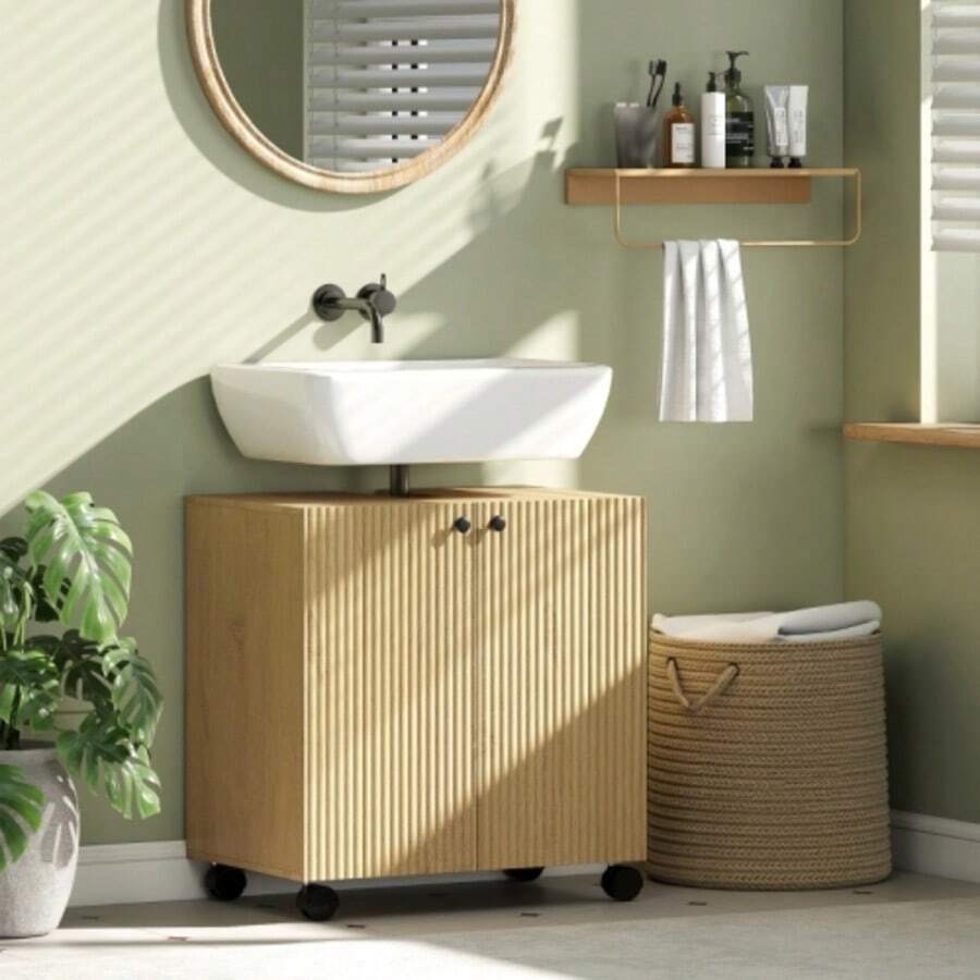 Bathroom Cabinet, 3-Tier Shelf, Wheels, Wood - Wood Color - View 1