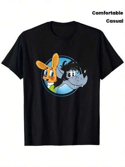 Now Wait!Rabbit And Wolf Cartoon Graphic T-Shirt- Unisex, Stretchy And Comfortable T-Shirt, Black With Blue Background Design, Suitable For Outdoor And Casual Wear, Playful Design, Comfortable Fit, Perfect Gift, Collectible T-Shirt