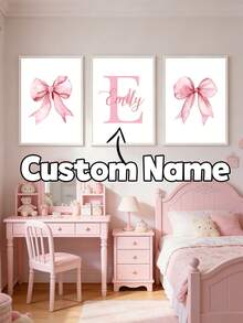3 Pcs Custom Name Wall Art Poster Personalized Name Pink Bow Print Painting Modern Print Picture Lovely Hanging Picture Bedroom Wall Decoration Girls Room Decor Birthday Gift No Frame,Home Harmony,Xmas Decoration,For Housewarming - Pink - View 19