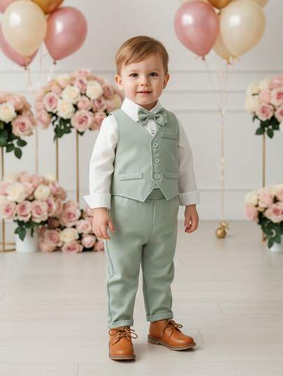 BOARNSEORL Bộ 3 trang phục quý ông cho bé trai - Áo sơ mi trắng dài tay có nơ, áo vest và quần dài, Fashionamantic cho tiệc sinh nhật, đám cưới, lễ rửa tội