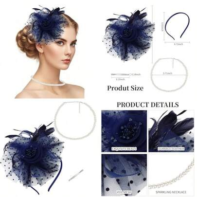YARIEW 2025 Fascinators Hats For Women Pearl Necklace For Women Tea Party Hats For Women Feather Fascinator Headband For Wedding Tea Party Cocktail Dress Outfits Blue#Vent