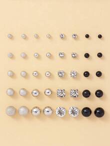 20pcs/Set Assorted Size Round Rhinestone Earrings Set, Suitable For Beach, Everyday Wear, Vacation, Holiday Gift For Women - Silver - View 6