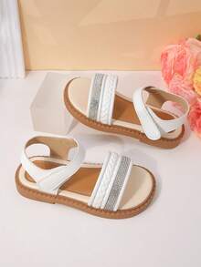 1 Pair Of Girls' Rhinestone Woven PU Sandals With Exposed Toes, Flat Bottom, Comfortable, Non Slip, Daily Leisure, Summer Party Shoes - Silver - View 7