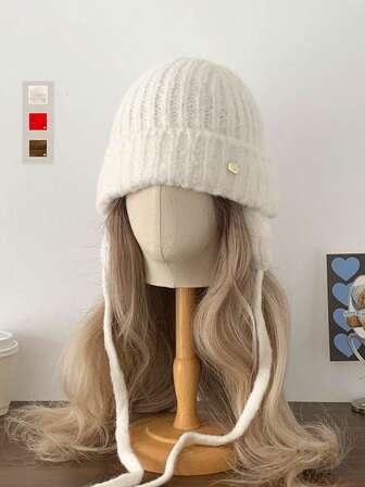 Stickad öronlappsmössa, Vintage stickad mössa för kvinnor, Tjock och varm, Lämplig för cykling, Hörselskydd, Mångsidig, Grå stickad blandad trappermössa, Varm stickad skidmössa, Flätad design