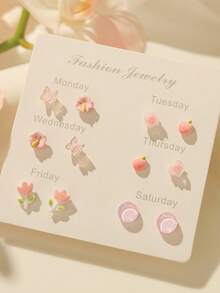 6 Pasang Anting Tusuk Wanita Motif Kupu-kupu, Hewan, dan Bunga yang Lucu, Set Anting Hari Valentine - Berwarna merah muda - View 2
