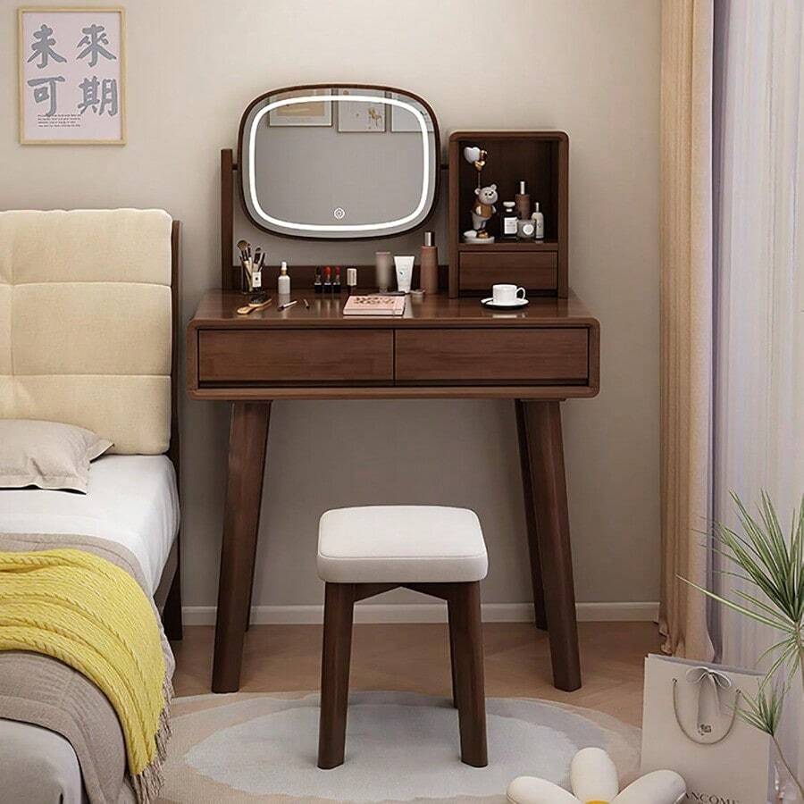 Tocador con espejo y luces mesa de maquillaje pequeña con cajones y taburete acolchado 3 colores de iluminación tocador de madera para dormitorio vestidor ideal para niñas y mujeres. Madera - Madera - Ver 1