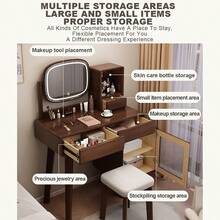 Tocador con espejo y luces mesa de maquillaje pequeña con cajones y taburete acolchado 3 colores de iluminación tocador de madera para dormitorio vestidor ideal para niñas y mujeres. Madera - Madera - Ver 3
