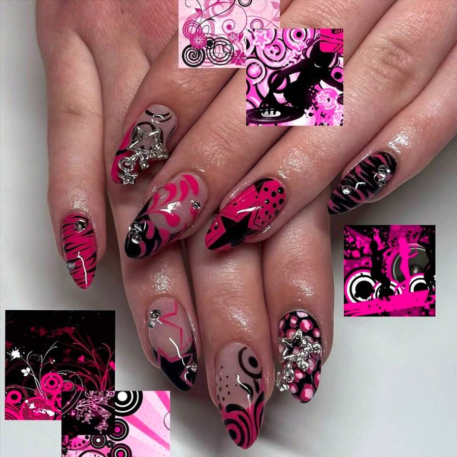 A Box Of 2 European And American Striped Graffiti Almond Armor Metal Pentagram Advanced Nail Removal And Repeated Use Of Armor Daily Wear To Add A Sense Of Atmosphere. - 粉紅法式塗鴉杏仁美甲-1盒 - 查看 1