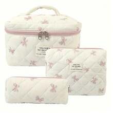 Stylish 3-Piece Quilted Cotton Floral Makeup Bag Set - Women's Lightweight Non-Waterproof Toiletry Storage Bag - 粉色 - 查看 1