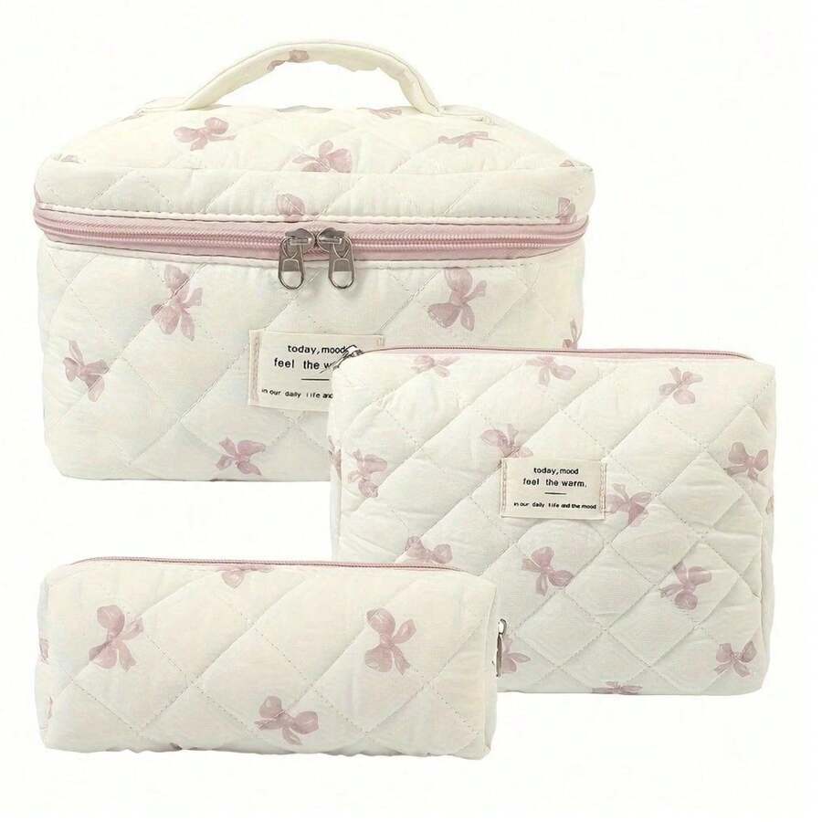 Stylish 3-Piece Quilted Cotton Floral Makeup Bag Set - Women's Lightweight Non-Waterproof Toiletry Storage Bag - 粉色 - 查看 1