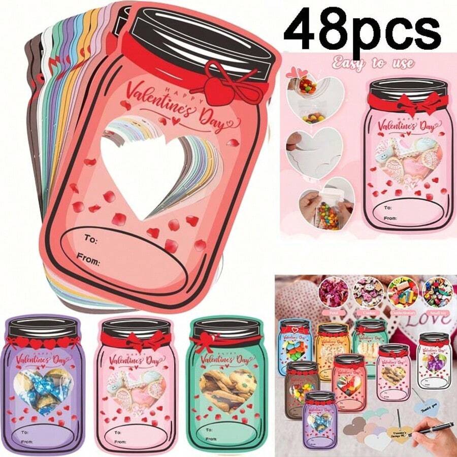 48张情人节贺卡，DIY课堂趣味活动，彩色纸卡，适合派对礼物、学校情人节交换礼物（不含糖果）