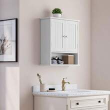 ccMueble de pared de baño mueble de baño con 2 puertas y estante abierto clóset de almacenamiento sobre la pared del inodoro gabinete de medicina de bañonn - Blanco - Ver 4