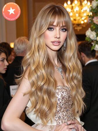 26 Inch Ombre Wig Long Curly Wig With Bangs For Women Made Of High-Temperature Matte Fiber Material, With A Rose Mesh Cap. The Appearance Is Natural, Comfortable, Breathable And Lightweight. Suitable For Music Festivals And Daily Wear.