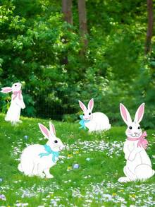 4pcs Large White Rabbit Signs With Stakes, Cute Pink Ear Rabbits, Weather-Resistant, Suitable For Children, Family, Outdoor Easter Party, Decoration For Yard, Lawn, Garden - Multicolor - View 1
