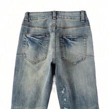 Vaqueros Masculinos High-Street con Rotos y Parches, Corte Slim Skinny Ahusado, Tejido Elástico Resistente y Estética Retro Envejecida - Azul - Ver 3