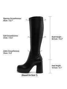 Women's Platform Chunky Heel Knee-High Boots Square Toe Fashionable Solid Color Y2K GoGo Boots - Black - View 4