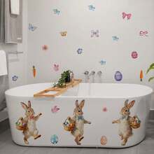 1张可爱兔子抱彩蛋墙贴，包含绿叶、花朵、蝴蝶图案，可DIY移除自粘墙纸，春季复活节卧室客厅家居装饰 - 彩色 - 查看 11