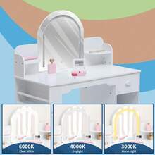 Tocador de Princesa Iluminado con Espejo para Niñas – Mesa de Maquillaje de Madera con Estantería, Cajón, Estantes y Banco – Mueble de Almacenamiento Elegante para Dormitorio o Cuarto de Juegos - Color: Blanco con accesorios. - Ver 4