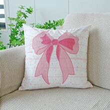 1pc Bow Embroidered Decorative Pillow Cover, Ins Style Living Room Sofa Cushion Cover With Bow Embroidery And Printed Design, Dual Craftsmanship Pillow Sham For Window Seat, Headboard, Valentine's Day, Wedding, Without Insert - Multicolor - View 6