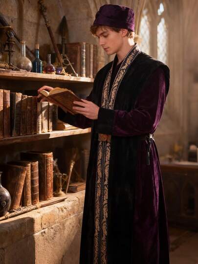 Men's Wizard Robe Costume, Vintage Long Cloak For Halloween Stage Performance, Role Play, Magician Robe For Men, Black And Purple, Suitable For Halloween Party, Stage Show, Cosplay