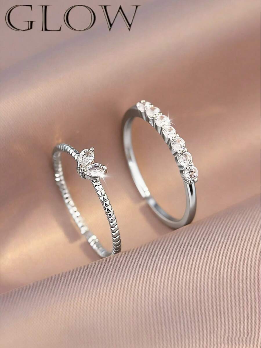 2pcs Elegant Silver-Tone Copper Alloy Heart Shaped Rhinestone Adjustable Rings, Suitable For Teenage Girls, Valentine's Day And Daily Wear - Silver - View 1