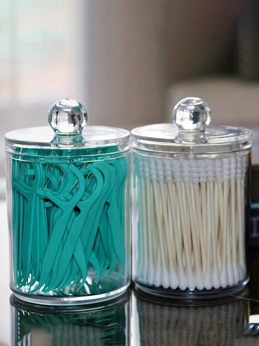 10oz Transparent Plastic Organizer Jars Set, Suitable For Storing Cleaning Swabs, Round Pads, Dental Floss - Clear Plastic Containers For Bathroom, Vanity, Makeup Storage, Black - Black - View 1