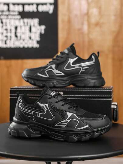 Men's Casual Sneakers, Fashionable Black Platform Sneakers - Breathable Mesh EVA Sole, Suitable For Casual And Sports Wear In All Seasons, Breathable Mesh - Casual Sports Style, Lace-Up Low-Top Shoes Suitable For Outdoor Cross-Country