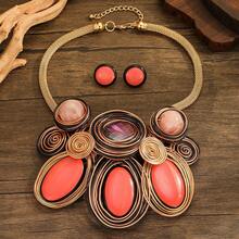 Exaggerated Multi-Layer Handmade Heavy Aluminum Wire Woven Resin Chain Bohemian European And American Middle Eastern European Korean Version Evening Party Holiday Women's Fashion Beautiful Retro Teardrop Necklace Earrings - Coral Red - View 6