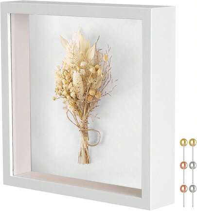 8x8 Shadow Box Frame With Soft Linen Back - Metal Push Pins Included, Memory Box Display Case For Memorabilia Flower Awards Medals Wedding Photos, White