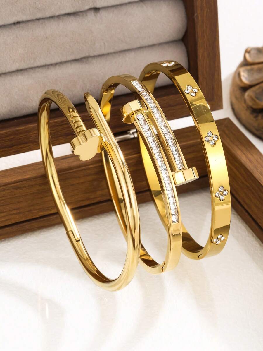 新款时尚高品质不锈钢花朵锆石女士手镯首饰套装，适合日常佩戴 - 金黃色5 - 查看 1