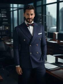 Men's Double Breasted Suit 2-Piece Set | Peak Lapel Pinstripe Business Suit | Slim Fit Blazer Jacket & Trousers For Wedding, Prom, Formal Events - 藍色 - 查看 3