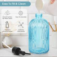 Topsky Stripe Glass Soap Dispenser With Black Plastic Pump, 400ml Liquid Hand Soap Dispenser, Rustproof Pump For Kitchen & Bathroom, Great For Lotions, Essential Oil, Liquid Soaps- (Light Blue) - LightBlue - 查看 4