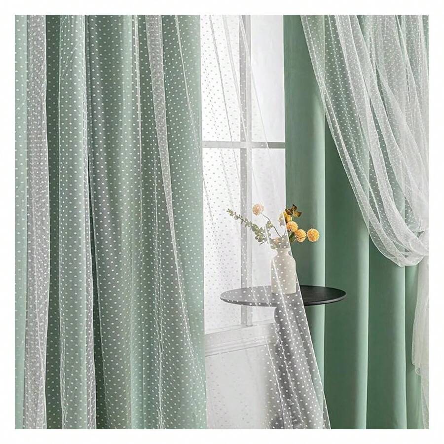 Curtains 63 Inch, Cute Green Polka Dot Blackout Curtains For Bedroom, 2 Panels Sheer Window Treatments With Grommets - 如圖03所示 - 查看 1