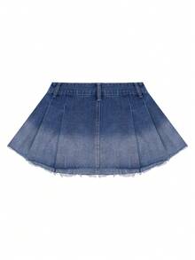 Women Loose Pleated Jean Skirt Blue Washed Denim Mini Skirt Y2K Vintage Streetwear Pleated Short,2026 Summer - Blue - View 7