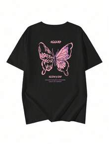 Women's Round Neck Loose Casual Japanese Letter & Butterfly Print Short Sleeve T-Shirt, Spring/Summer - Black - View 4