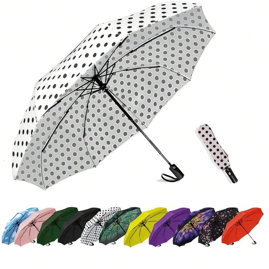 Windproof Travel Compact Umbrella-Automatic Umbrellas For Rain- Small Portable Windproof Umbrellas For Men Women Teenage. (White Polka Dots),42Inch-1Pack,WhitePolkaDots - 白色波點 - 查看 1