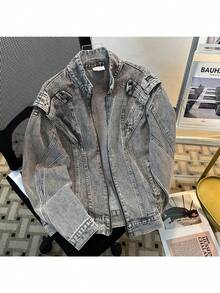 Men's American Retro Washed Stitched Denim Jacket Jacket Men's Handsome Fashion Brand Street Design Sense Motorcycle Suit - JK8636 Denim Jacket - Grey - View 5