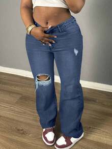 Women's Casual Loose Straight Leg Jeans, Paired With Distressed Decorations, Suitable For All Seasons, Suitable For Daily Outings, Parties, Back To School Season, Back To School Season, Rural Concerts,Winter Clothes For Women New Years Outfit Women Vacation Outfits Women Birthday Dresses For Women Y2k Pants Baggy Jeans Women - 深藍 - 查看 6