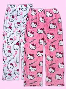 Sanrio 2件装正版三丽鸥法兰绒睡衣，可爱三丽鸥Hello Kitty女士休闲家居裤，粉色卡通KT印花，秋季时尚睡衣 - 彩色 - 查看 13