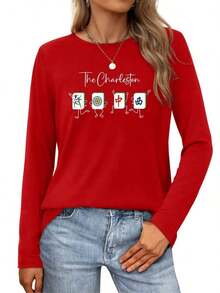 Mahjong Characters Dancing In 'Charleston' Womens Long-Sleeve Crewneck-ShirtFashionable Women's Clothing - 紅色 - 查看 4